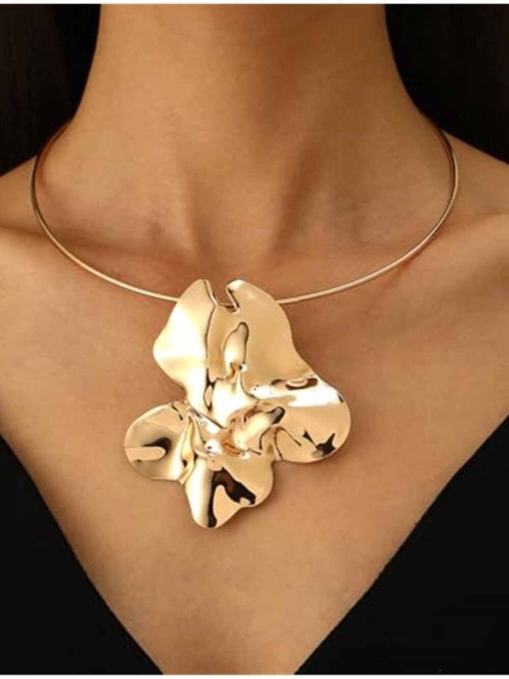 Chunky Gold Statement Necklace Large Geometric Abstract Pendant Choker for Women